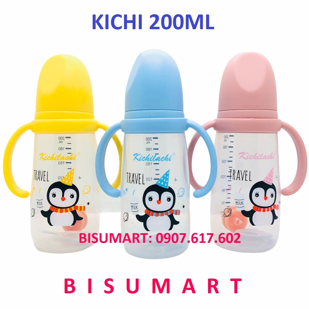 Bình Sữa cổ hẹp KICHI có quai cầm cho Bé nhựa PP 140ml / 200ml / 260ml (Tặng kèm van chống sặc)