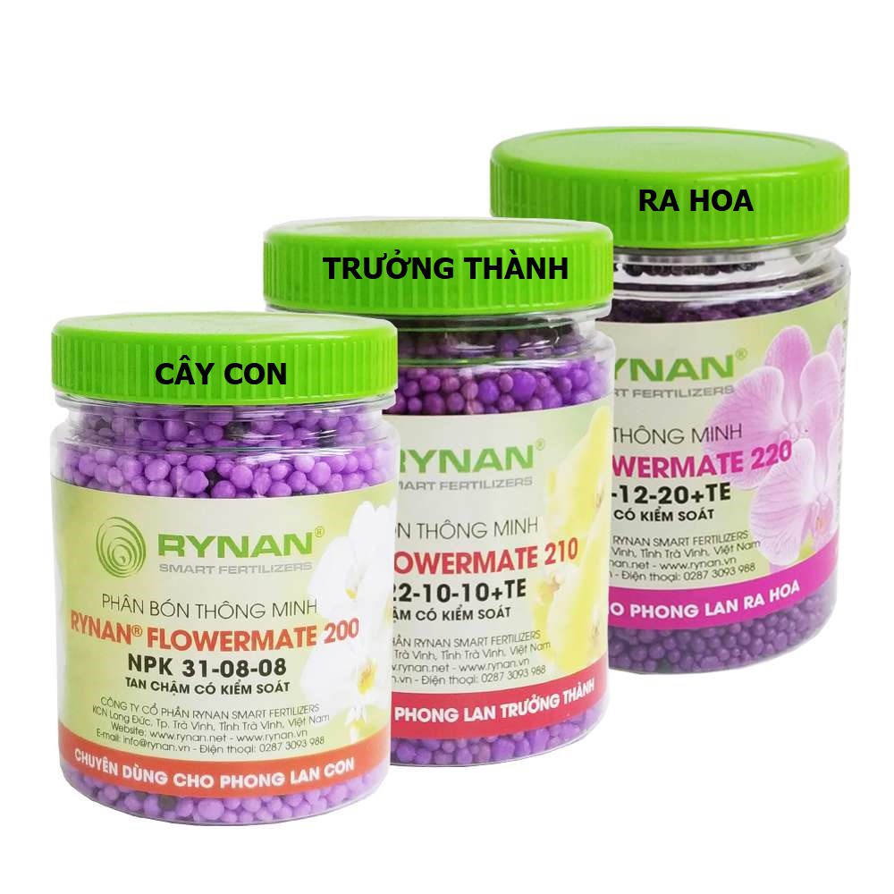 Combo Bộ 3 Phân Tan Chậm Thông Minh Rynan 200 210 220 Chăm Sóc Hoa Lan Lọ 150G