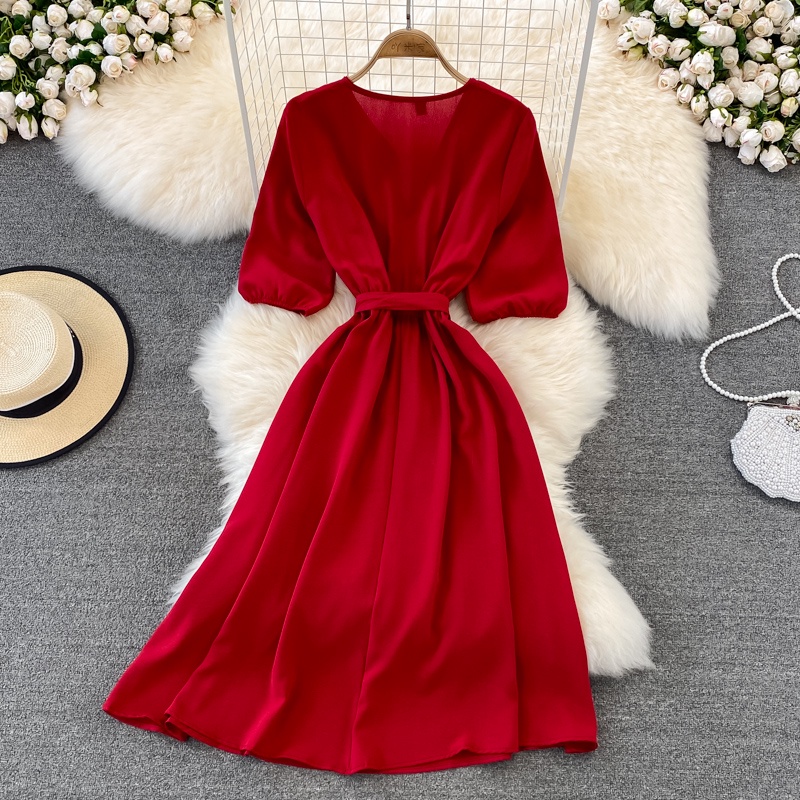 Đầm Tay Ngắn Cổ Chữ V Phong Cách Retro Thời Trang Mùa Hè Cho Nữ