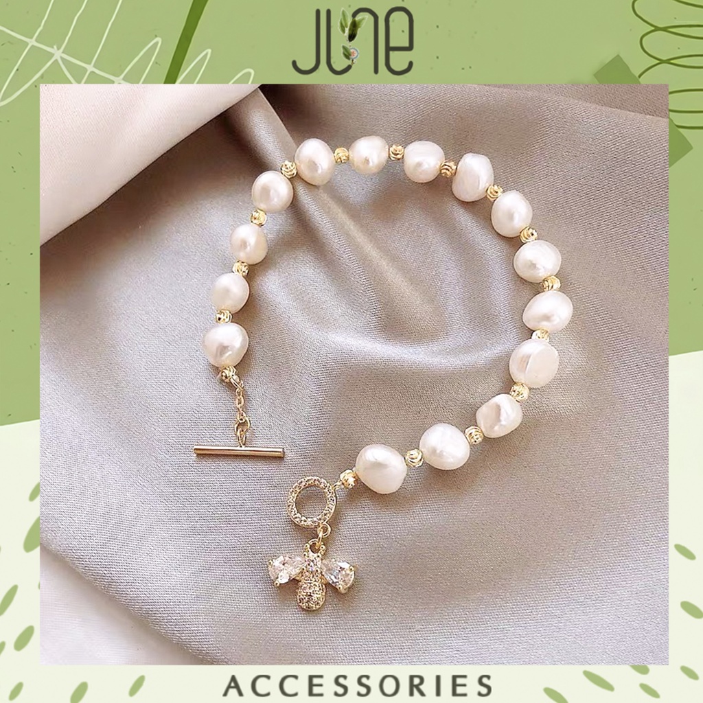 Lắc tay hạt trai nước ngọt JUNE Vòng tay con ong đính đá zircon chốt cài ngang phong cách vintage June accessories