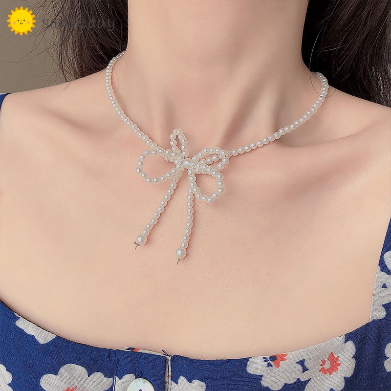 Vòng Cổ Choker Đính Nơ Ngọc Trai Thời Trang Hàn Quốc Thanh Lịch Cho Nữ
