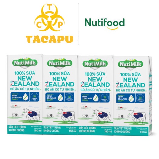 Combo 4 Hộp NutiMilk 100% Sữa New Zealand Bò ăn cỏ tự nhiên Không đường 180ml CB4.NZSKD180AZ-Thương Hiệu NUTIFOOD-TACAPU