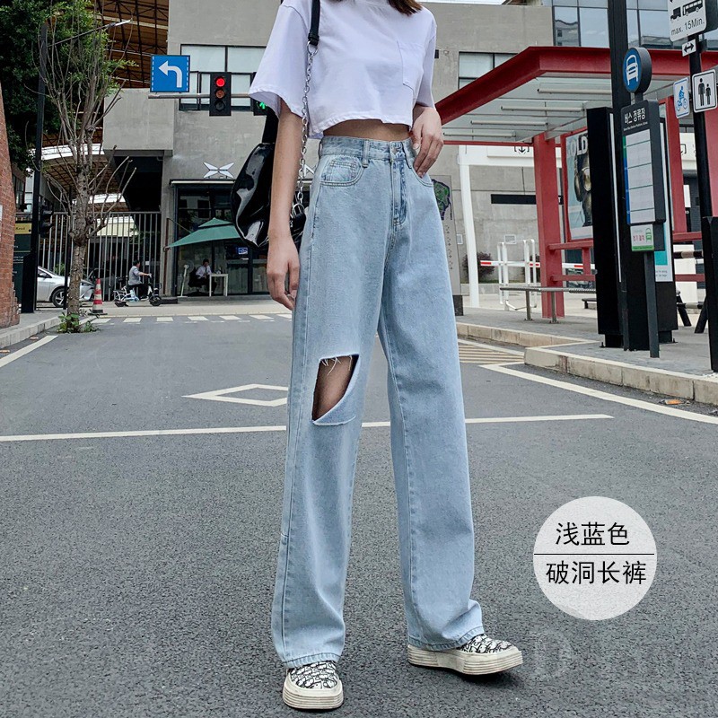 Quần Jeans Dài Rách Gối Thời Trang Dành Cho Nữ