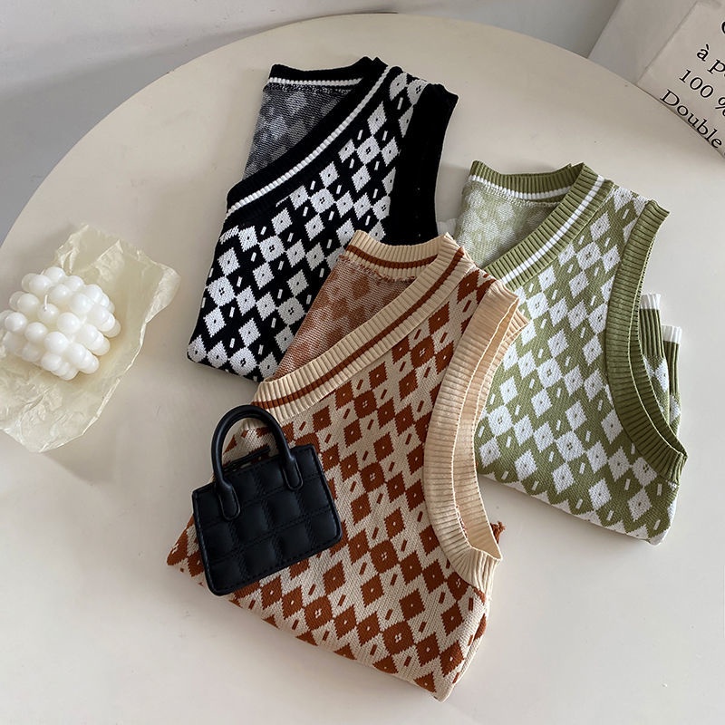 Áo dệt kim không tay đính đá họa tiết sọc caro phong cách Hàn Quốc thời trang xuân thu dễ phối đồ