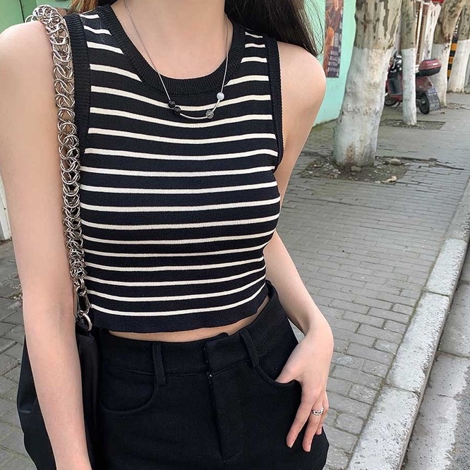 Áo croptop ZHELIHANGFEI dệt kim không tay vải lụa mát họa tiết kẻ sọc bắt mắt cho nữ