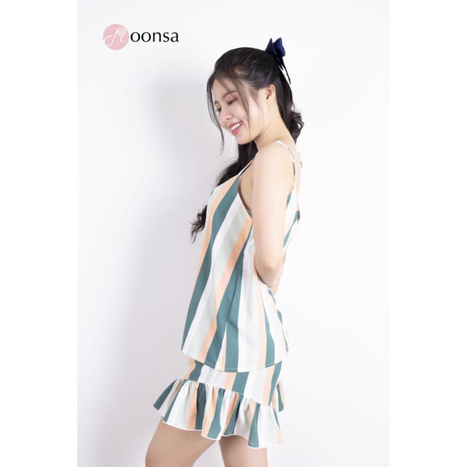 [Mã WARN60 hoàn 15% xu đơn 300k] Bộ Đồ Ngủ Lụa Hàn 2 dây Kẻ Sọc Bèo Nhún [Moonsa] | BigBuy360 - bigbuy360.vn