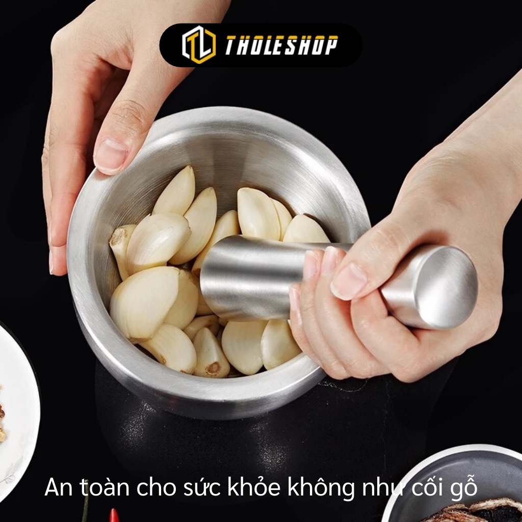 Bộ Cối Chày Inox 304 Không Gỉ Tặng Thìa Inox Và Nắp Chống Văng Dạng Trống Size 10cm 1016