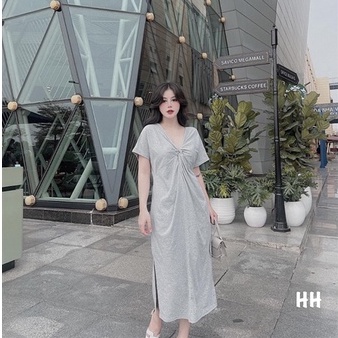 Váy thun nữ dáng suông xoắn ngực xẻ tà bên chất thun cotton basic mang đi chơi dạo phố siêu xinhI Trần Hân Shop 3006634