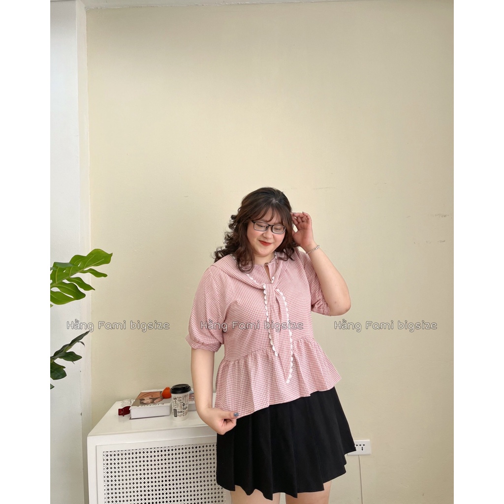 Áo babydoll bigsize kẻ caro cổ nơ buộc phối ren (size 60kg - 95kg ) (A373) [Hằng Fami bigsize]