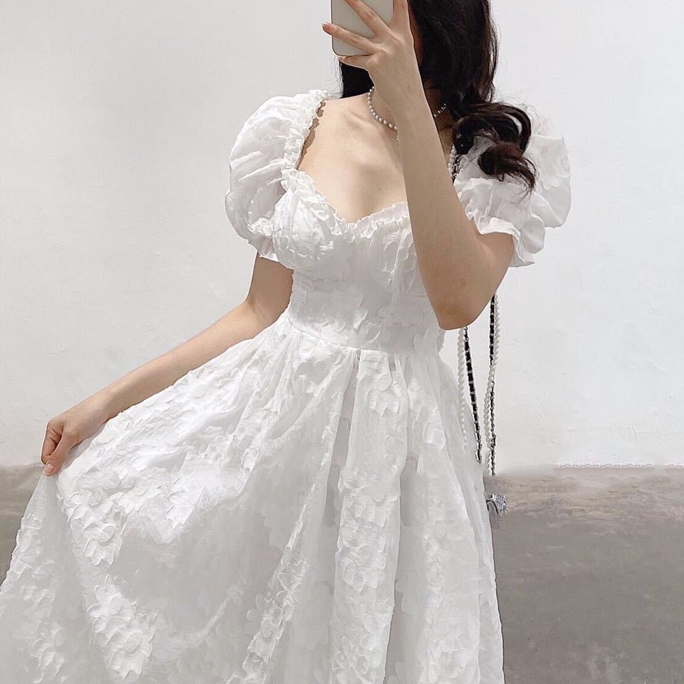 ĐẦM MIDI HOA NỔI VIỀN BÈO NGỰC TRẮNG - DA2598