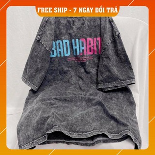 Áo thun bad habits Wash Logo hồng Áo ngắn tay không cổ Nam nữ Kun Shop