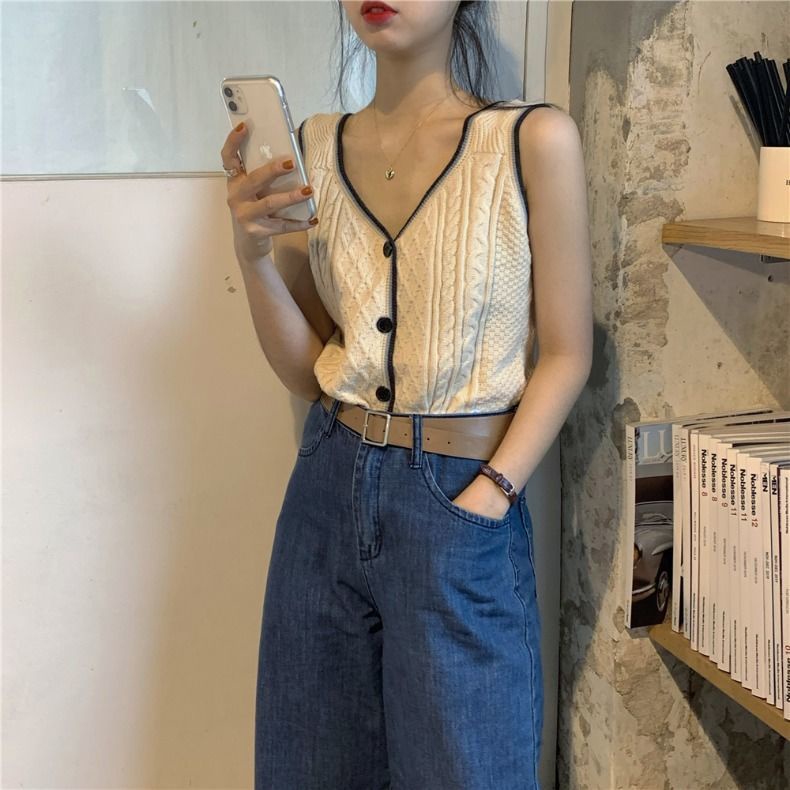 Áo Dệt Kim Hai Dây Cổ Chữ v Màu Sắc Tương Phản Thời Trang Xuân Thu Cho Nữ