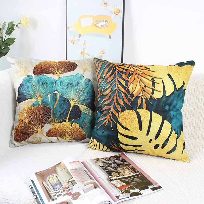 Bộ 4 Vỏ Gối Vuông 45cm x 45cm In Họa Tiết Lá Cây Màu Xanh Và Vàng