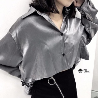Áo sơ mi croptop màu xám bóng(ảnh thật khách mặc)