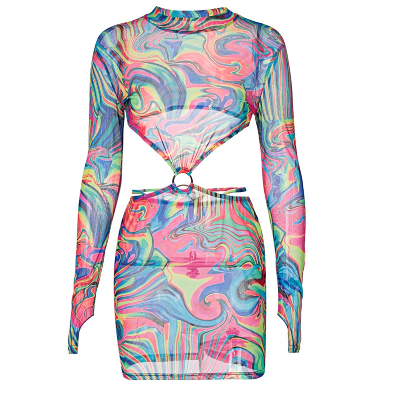 Brroa Đầm Mini Ôm Dáng Tay Dài Khoét Lỗ Hở Lưng In Sọc Cầu Vồng Gợi Cảm Cho Nữ Dự Tiệc Clu