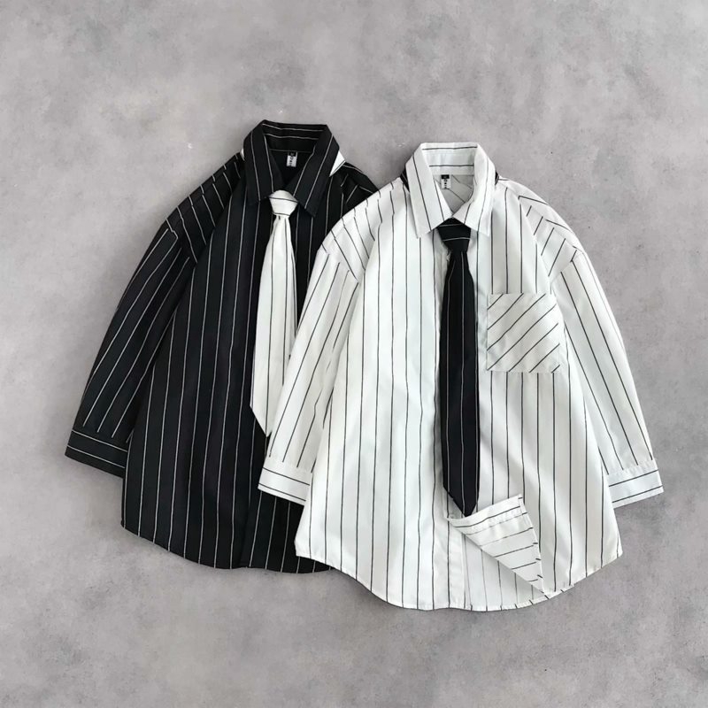 Áo Sơ Mi Tay Dài Kẻ Sọc Phối Cà Vạt Kiểu Harajuku Cá Tính Cho Nam | BigBuy360 - bigbuy360.vn