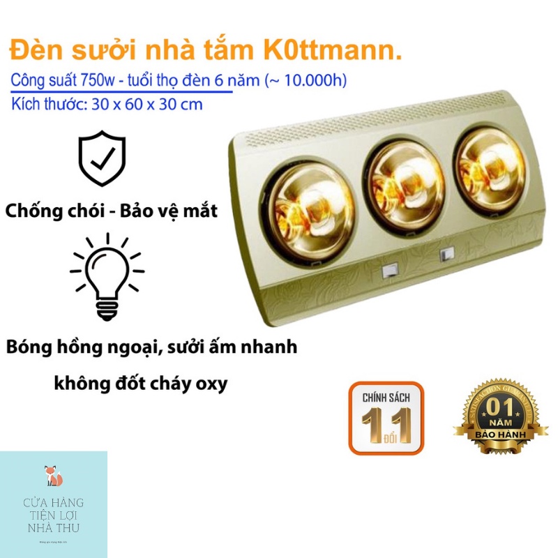 ĐÈN SƯỞI NHÀ TẮM K0TTMANN, ĐÈN SƯỞI 2/3 BÓNG SƯỞI ẤM NHANH, BẢO HÀNH 6 THÁNG