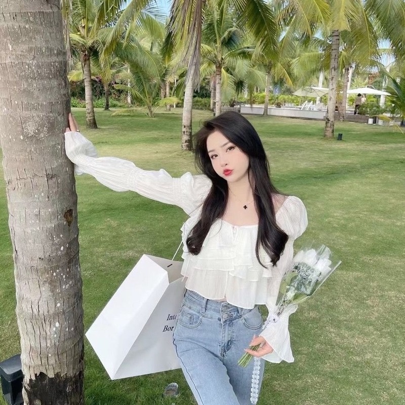 Áo Sơ Mi Chiffon Tay Dài Viền Bèo Màu Xanh Dương Thời Trang Mùa Xuân Cho Nữ