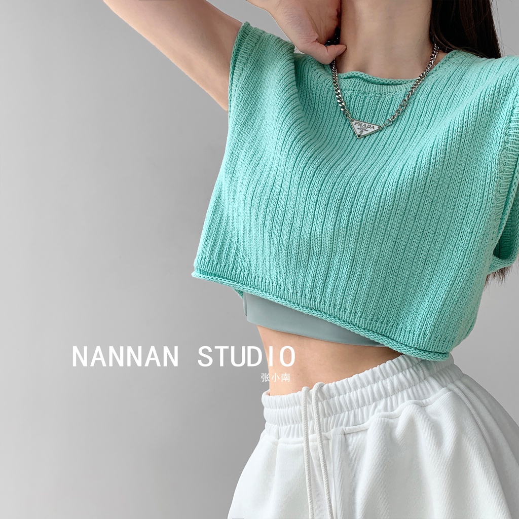 Áo croptop SUXI dệt kim cổ tròn không tay màu đơn giản