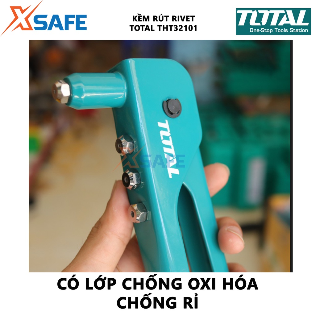 Kềm rút rivet, đinh tán TOTAL THT32101 chiều dài 260mm/10&quot;, đầu kềm gồm các size 2.4mm, 3.2mm, 4mm, 4.8mm - chính hãng