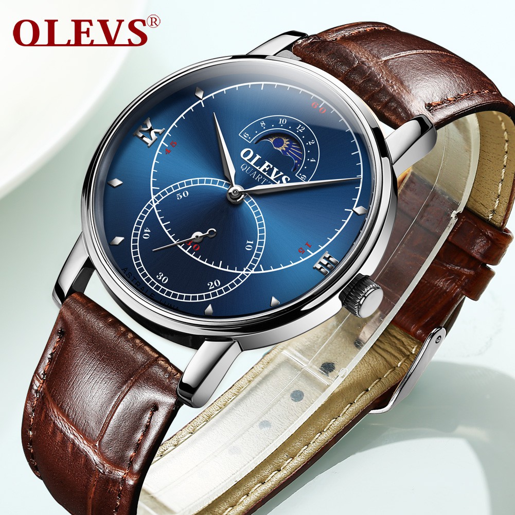 Đồng hồ đeo tay nam Olevs dây da nâu sang trọng - L5874G02 - Hàng Chính Hãng