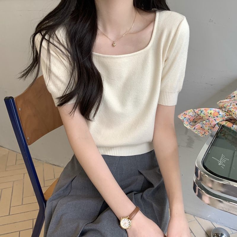 Áo Dệt Kim Ngắn Tay Cổ Vuông Màu Trơn Đa Năng Phong Cách Hàn Quốc Thời Trang Xuân Hè