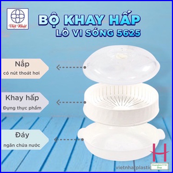 Khay hấp lò vi sóng Việt Nhật 5625 - 2 tầng 3 chi tiết chịu nhiệt tốt -Khay hấp thức ăn, Xửng hấp đồ ăn, bánh bao