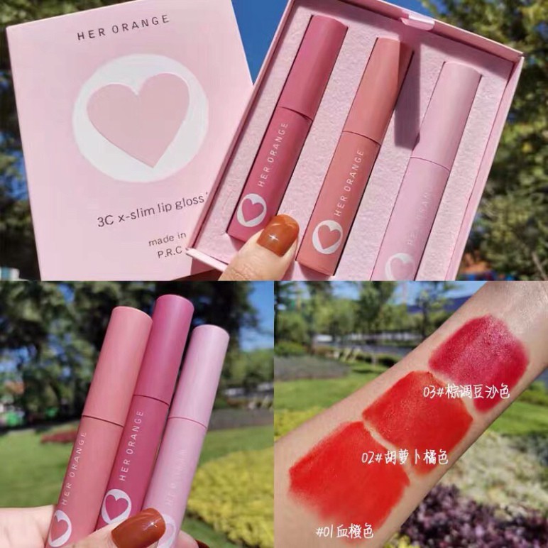 [Concung]  {sẵn hàng}𝙎𝙚𝙩 𝙨𝙤𝙣 𝙃𝙀𝙍 𝙊𝙍𝘼𝙉𝙂𝙀 trái tim 3c x slim lip gloss kit