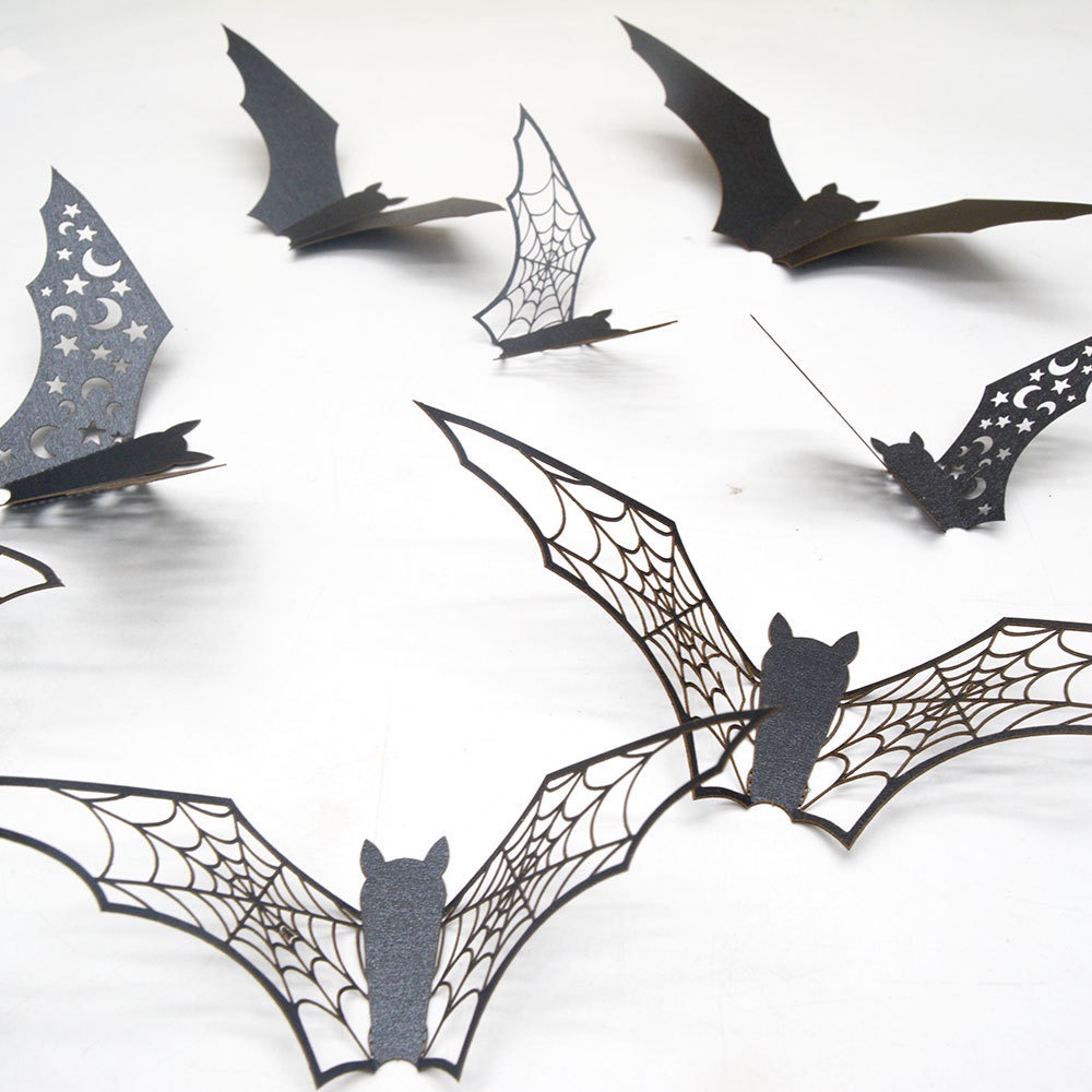 Set 12 Sticker Dán Tường Hình Dơi 3D Màu Đen Trang Trí Halloween