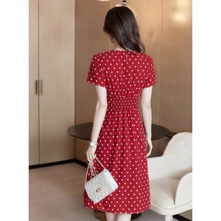 Đầm bi đỏ bo eo form dài (kèm hình thật)