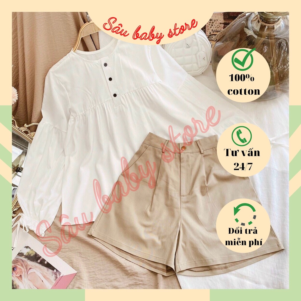 set nữ áo sơ mi trắng dáng babydon phối với quần kaki SÁUTORE