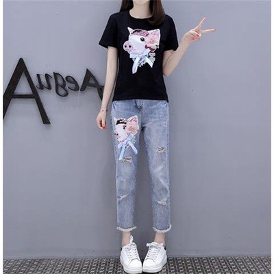 (SẴN HỒNG M)#190. Set áo phông quần jeans thêu heo ngộ nghĩnh đeo hoa (FEEDBACK + VID TỰ QUAY - HÌNH THẬT 3 ẢNH CUỐI)