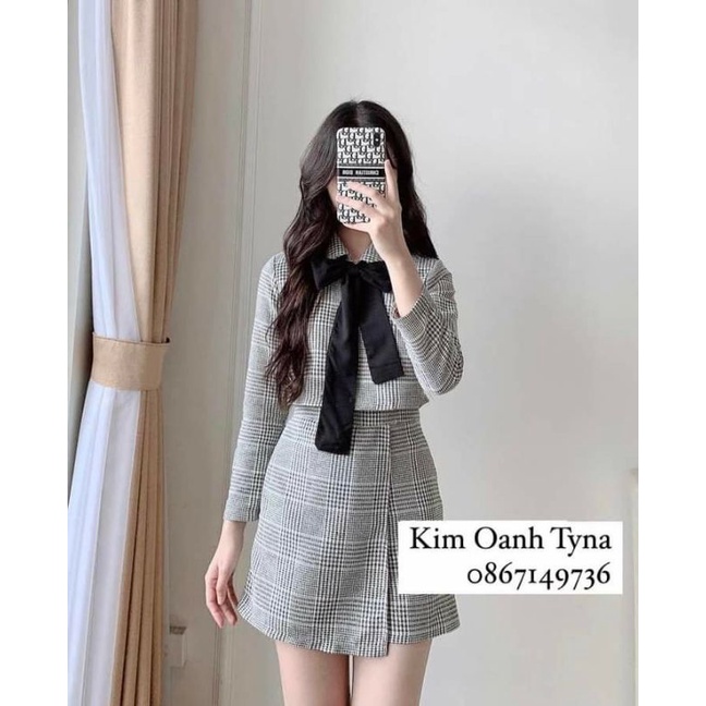 Set váy dạ kẻ kèm nơ