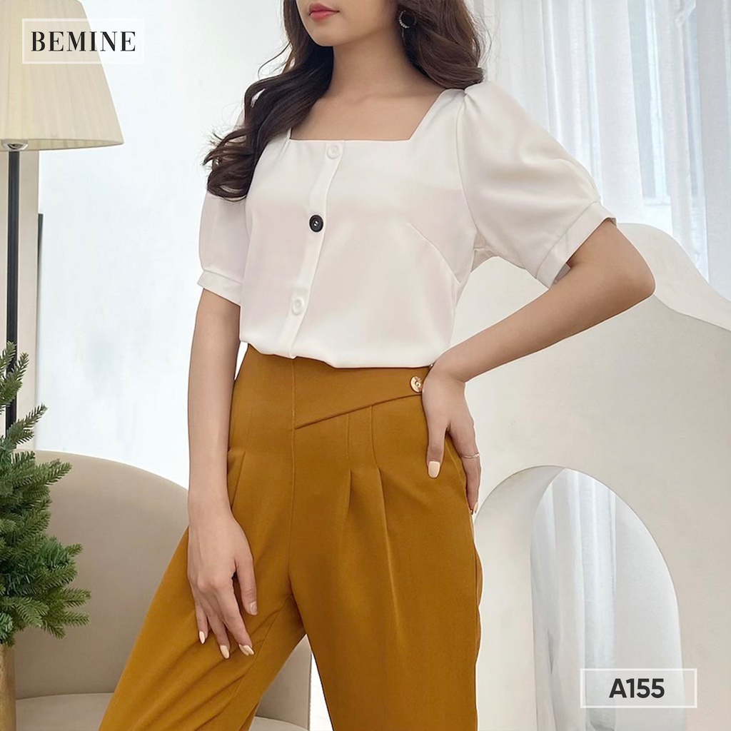 Áo sơ mi công sở nữ cổ vuông tay bồng nút phối BEMINE A155TRANG