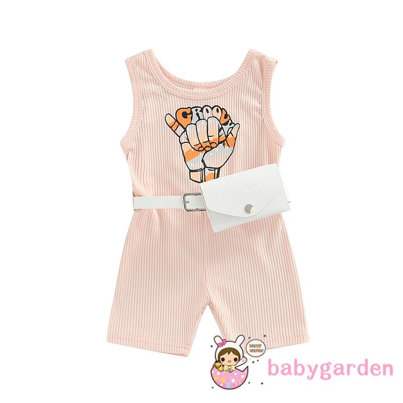 BABYGARDEN-6Months-5years Baby Girls Summer Outfits, Sleeveless Letter Print Ribbed Jumpsuit Shorts + Waist Bag Set