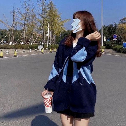 Áo khoác len cardigan retro họa tiết hình thoi dáng dài phong cách Hàn Quốc G-15