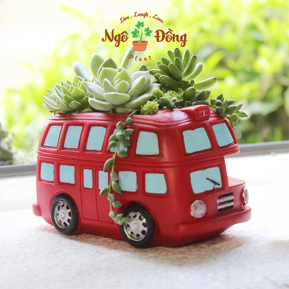Chậu Trồng Cây Cảnh Hoa Sen Đá Xương Rồng Nhựa Hình Xe Buýt 2 Tầng Màu Đỏ Trang Trí Nhà Cửa Văn Phòng Bàn Làm Việc