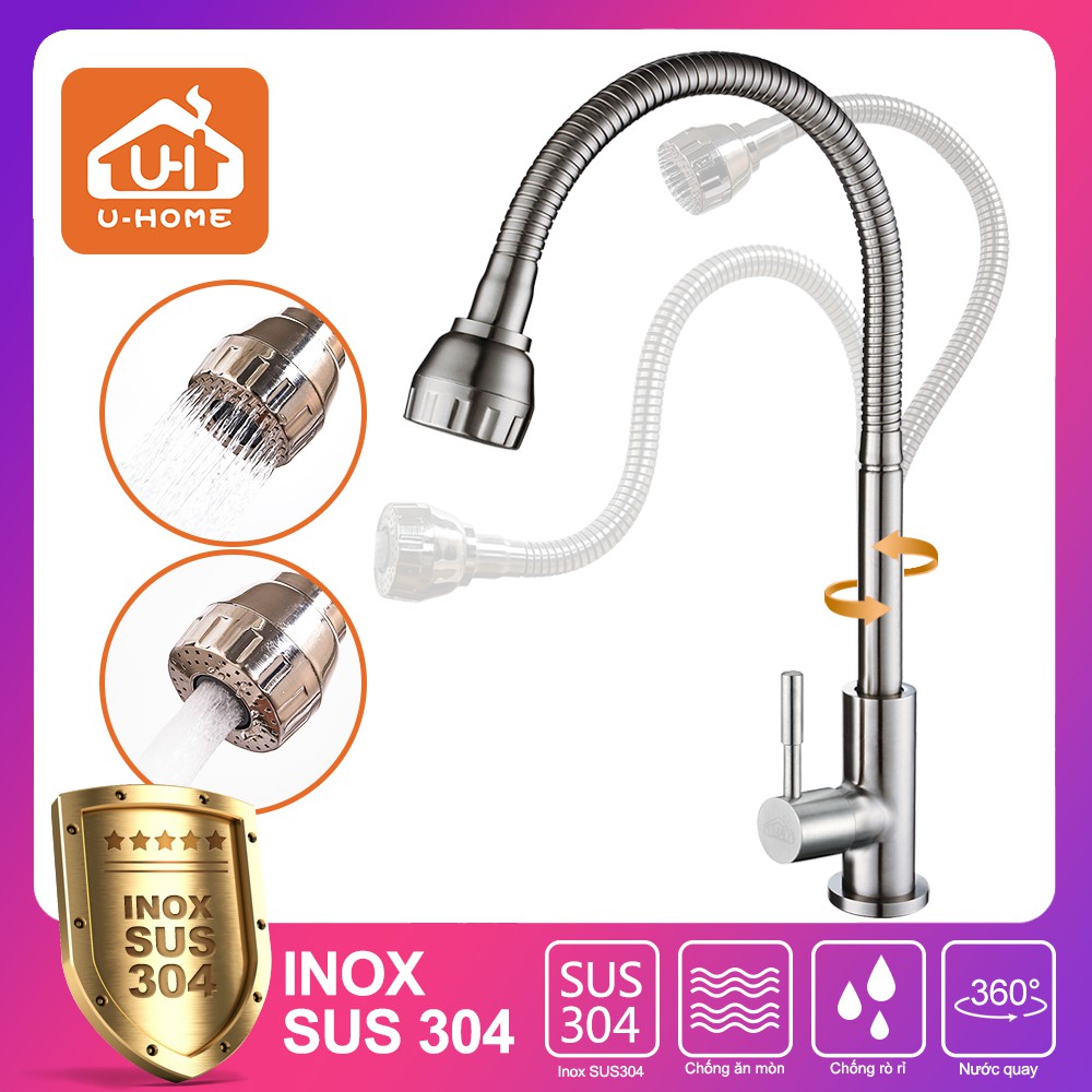 U-HOME Vòi nước nhà bếp Vòi rửa chén Inox SUS 304, Linh Hoạt Xoay 360 ° Vào Tườn U-319/U-404