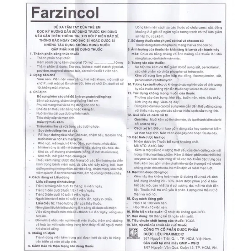 Farzincol 10Mg Pharmedic Bổ Sung Kẽm, Phòng Thiếu Kẽm