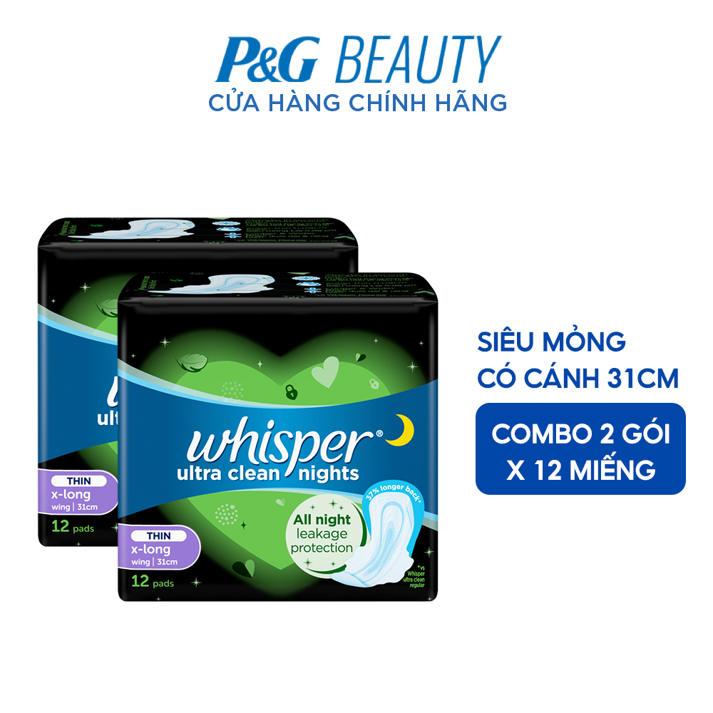 Combo 2 Gói Băng Vệ Sinh WHISPER Siêu Mỏng Có Cánh 31CM Dành Cho Ban Đêm