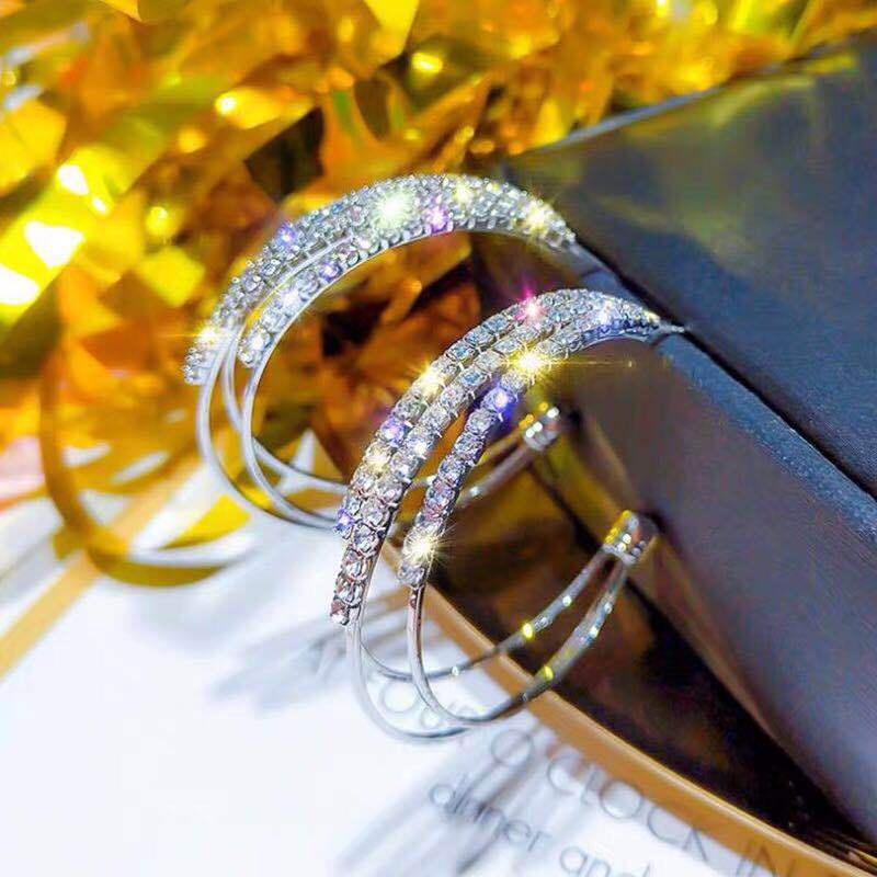 Bông Tai Mạ Bạc 925 Hình Tròn Lớn Đính Kim Cương Phong Cách Hàn Quốc Thời Trang Cho Nữ