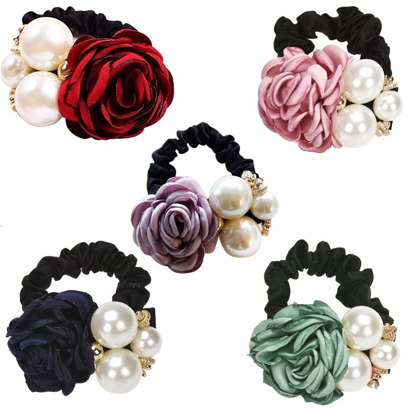 Dây buộc tóc hoa hồng đính ngọc trai thiết kế thời trang độc đáo