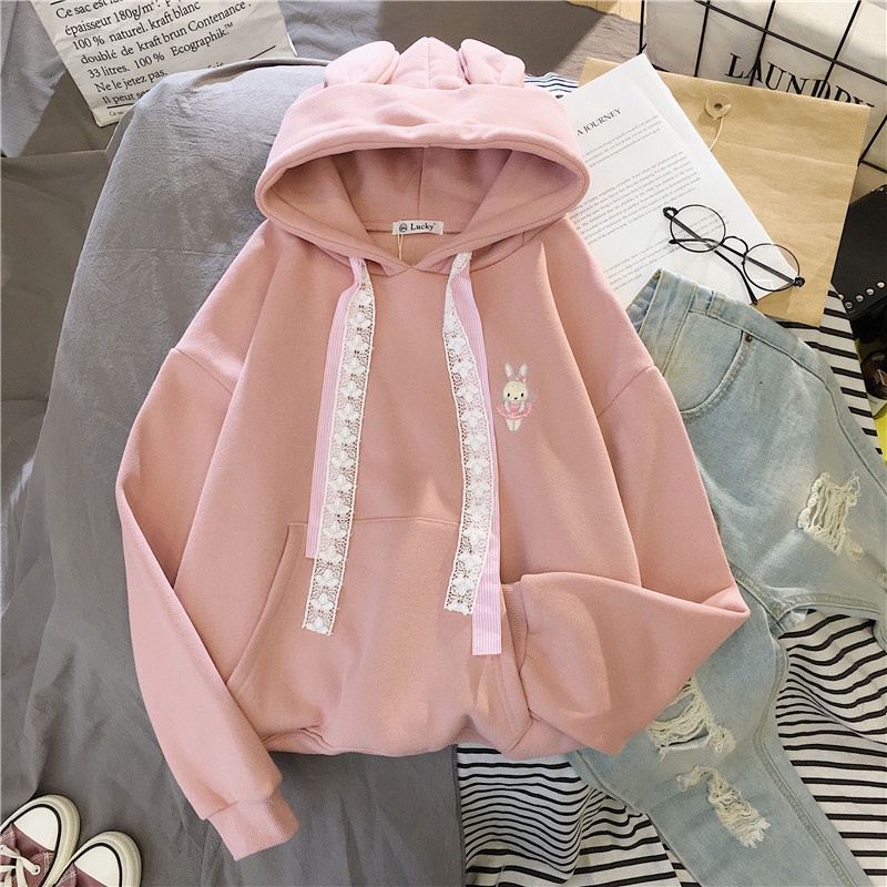 Áo hoodies có nón dài tay thêu hình tai thỏ dễ thương