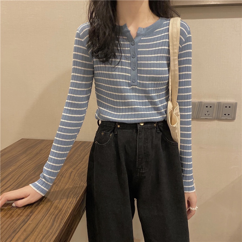 Áo len nữ mỏng kẻ sọc phong cách hàn quốc 2021, áo len nữ dài tay kẻ ngang thời trang thu đông | BigBuy360 - bigbuy360.vn