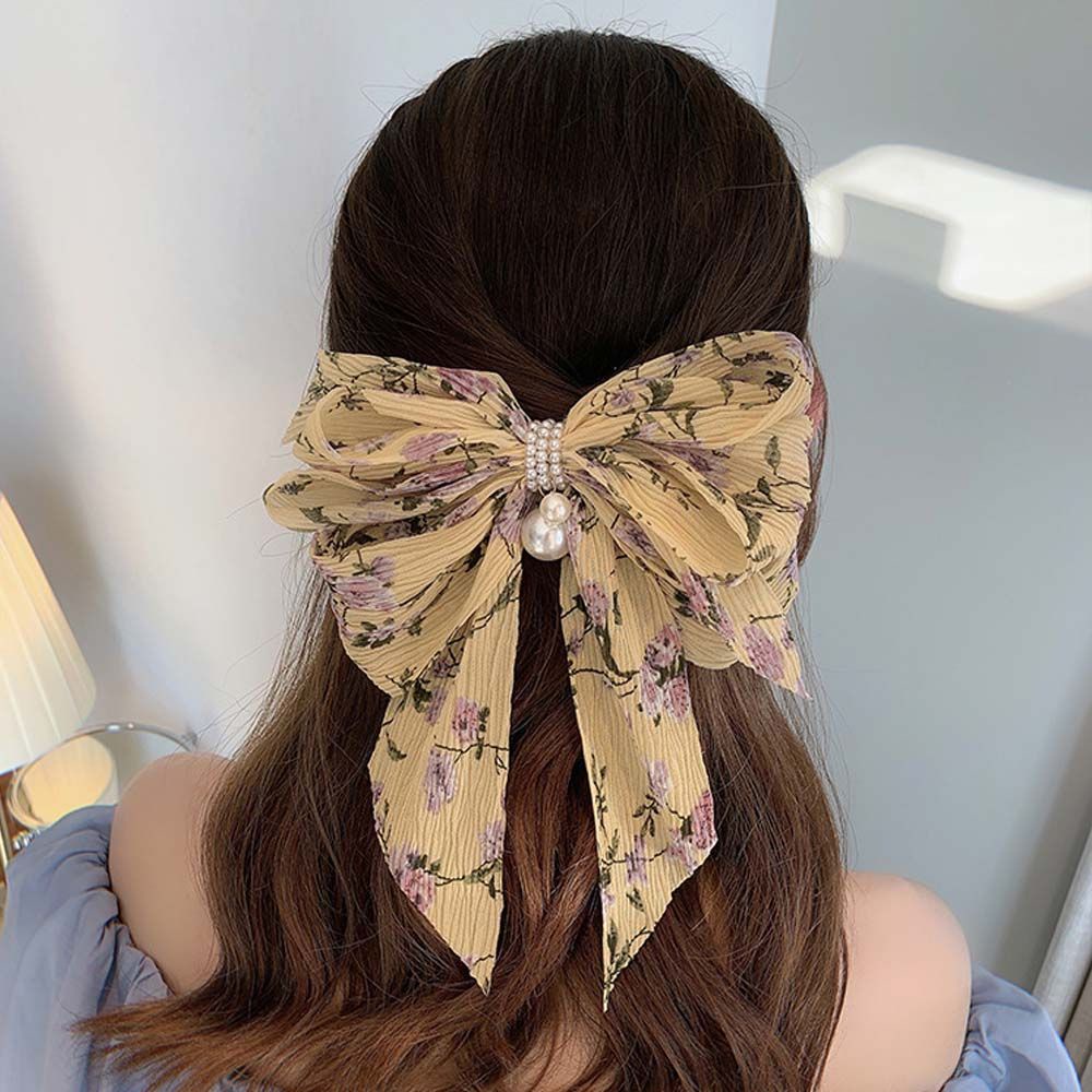 Summer Korean Floral Pearl Chiffon Bow Hairpin Cute Women's Sweet Temperament Spring Clip Hair Accessories