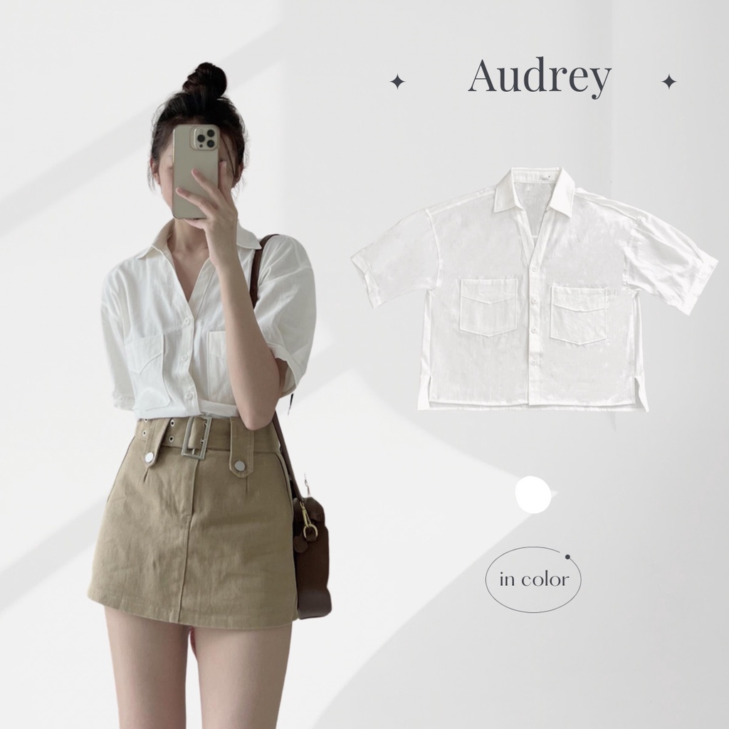 A6004 Áo sơ mi nữ AUDREY ngắn tay vai bồng dáng lửng chất liệu thô mềm cao cấp phong cách Hàn Quốc