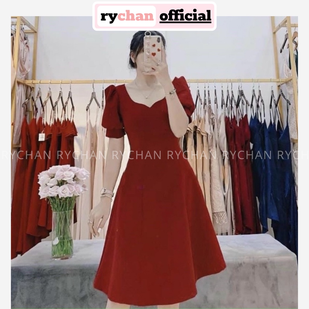 Đầm Dự Tiệc Sang Chảnh Dáng Dài Cổ V Tay Ngắn Phồng Tôn Dáng Màu Đỏ Trắng - DX9937