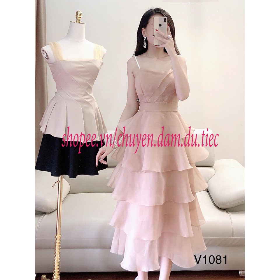 Đầm dự tiệc V1081 Váy hai dây ngọc 5 tầng  Màu be size S, M, L
