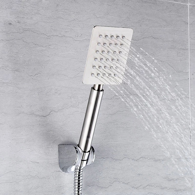 Bộ tay sen Inox mờ kiểu dáng Vuông dẹt sử dụng cho 2 đường nước Nóng lạnh (đủ bộ Tay sen + dây + cài) - QM.TS034B3
