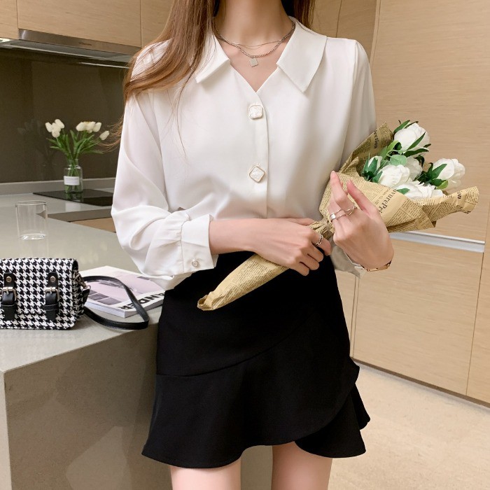 Áo sơ mi tay dài cổ bẻ chữ V thời trang thanh lịch dành cho nữ